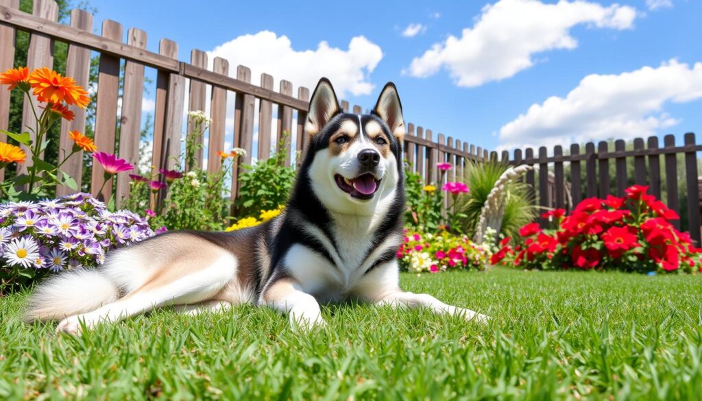 Husky in een afgezette tuin